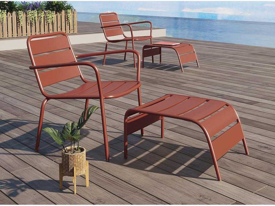 MYLIA Loungeset | Lage Opstapelbare Tuinfauteuil + Voetensteun - Metaal - Terracotta - Mirmande