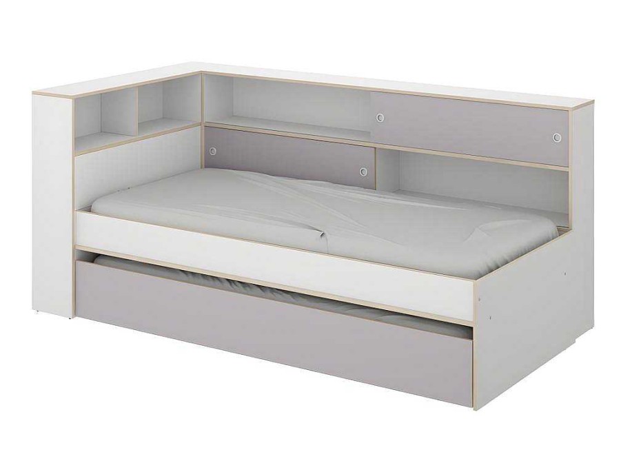 Vente-unique Bed Met Slaaplade | Uitschuifbed Met Slaaplade - Wit En Grijs + Bedbodem + Matras - Losiana