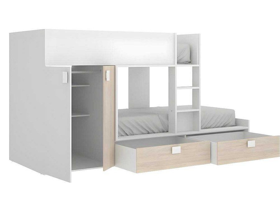 Vente-unique Kinderbed | Stapelbed - Ingebouwde Kast - 2X90X190Cm - Wit En Eiken + Matras - Juanito