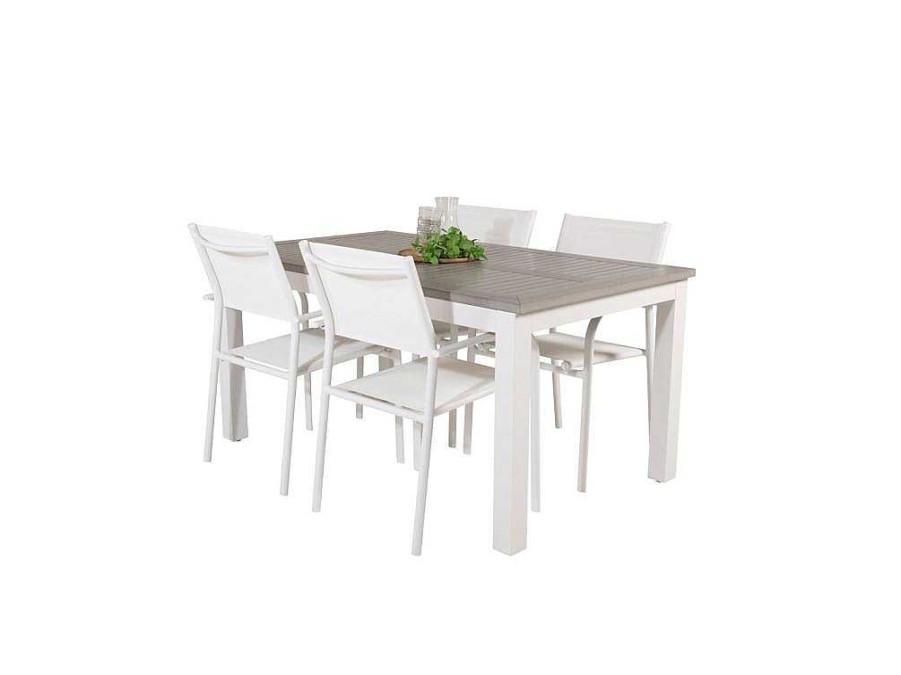 Vente-unique Tuinset | Albany Tuinmeubelset Tafel 90X152/210Cm En 4 Stoel Santorini Wit, Grijs, Cremekleur.