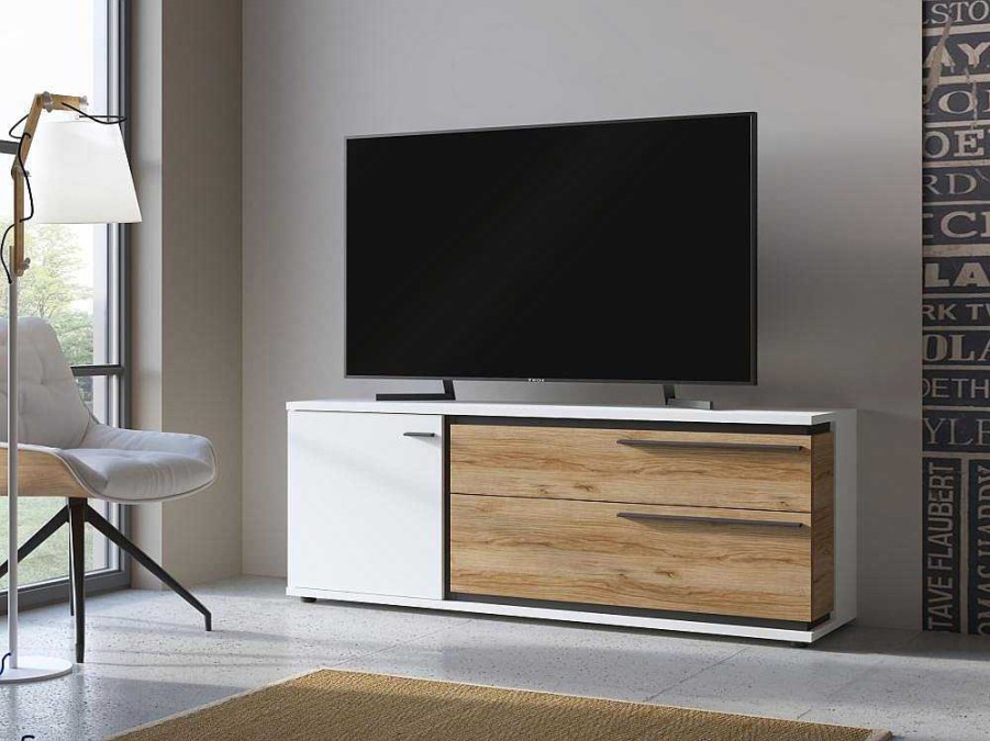 Vente-unique Tv-Meubel | Tv-Meubel Met 1 Deur En 2 Laden - Naturel En Wit - Nisuka