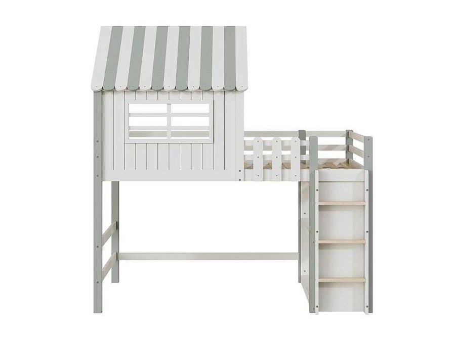 Vente-unique Kinderbed Hoogslaper | Hoogslaper 90 X 200 Cm - Cabinebed Met Ladder - Opbergplank - Massief Hout - Groen