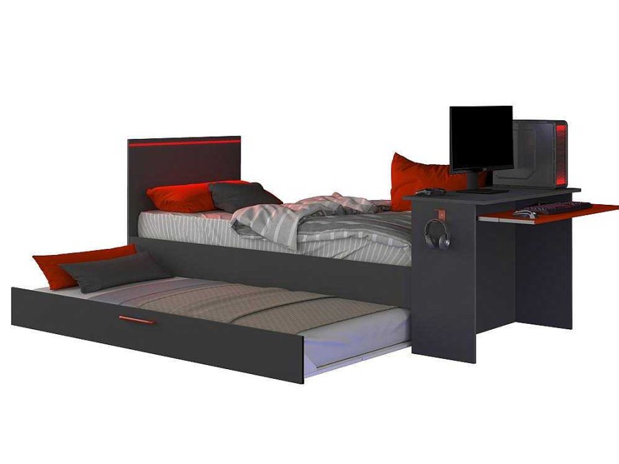 Vente-unique Bed Met Slaaplade | Gamer Bed 2 X 90 X 200 - Met Bureau - Led'S - Antraciet En Rood + Bedbodem - Vouani