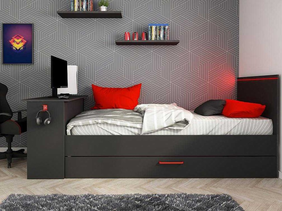 Vente-unique Bed Met Slaaplade | Uitschuifbed 90 X 200 En 90 X 190 Cm - Met Bureau - Ledverlichting - Antraciet En Rood + Matras + Bedbodem - Vouani