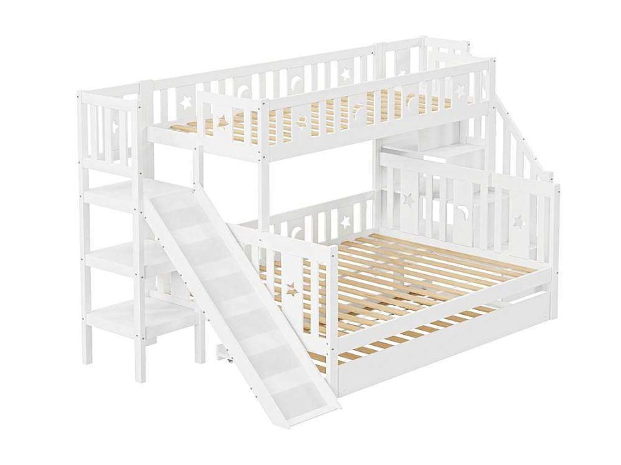 Vente-unique Kinderbed Stapelbed | Stapelbedden Met Glijbaan En Planken, Onderschuifbed - 2 X 90 X 200 Cm + 140 X 200 Cm - Wit - Anthony