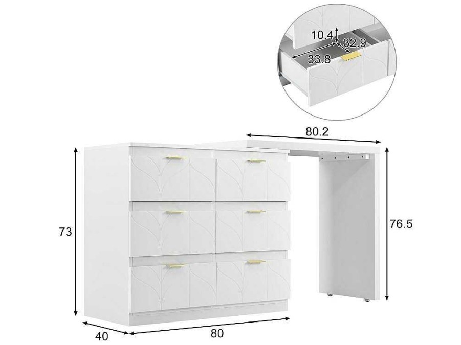 ModernLuxe Kaptafels | Eigentijdse Scandinavische Draaibare Kaptafel Met 6 Lades - Versierd Met Bloemmotief - Wit