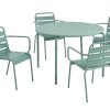 MYLIA Tuinset | Metalen Tuinsalon Mirmande - Tafel D110 Cm + 4 Stapelbare Fauteuils - Amandelgroen