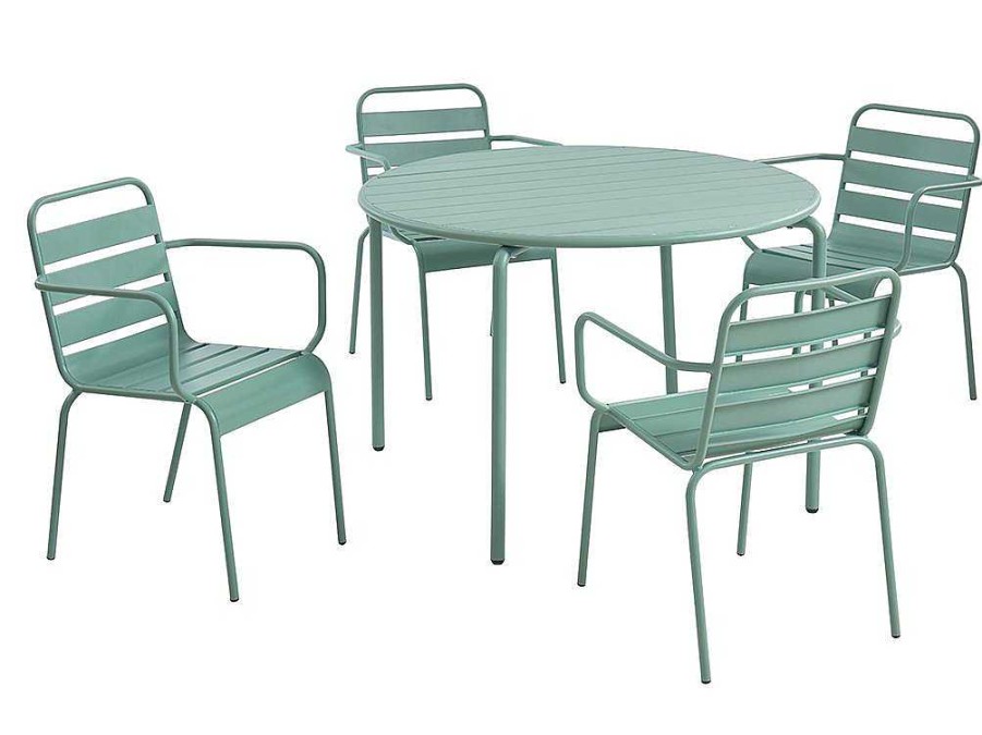 MYLIA Tuinset | Metalen Tuinsalon Mirmande - Tafel D110 Cm + 4 Stapelbare Fauteuils - Amandelgroen