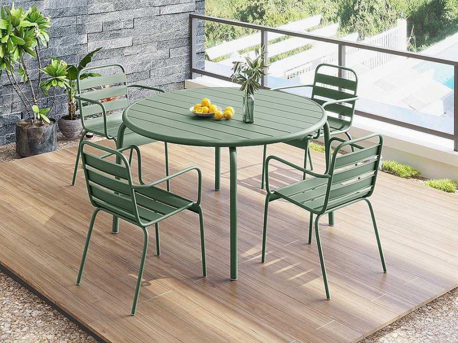 MYLIA Tuinset | Ronde Metalen Tuintafel Mirmande - D.110 Cm - Amandelgroen