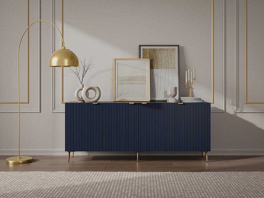 Vente-unique Buffetkast | Buffetkast Met 4 Deurtjes Van Mdf En Staal - Blauw En Goudkleurig - Yesinia