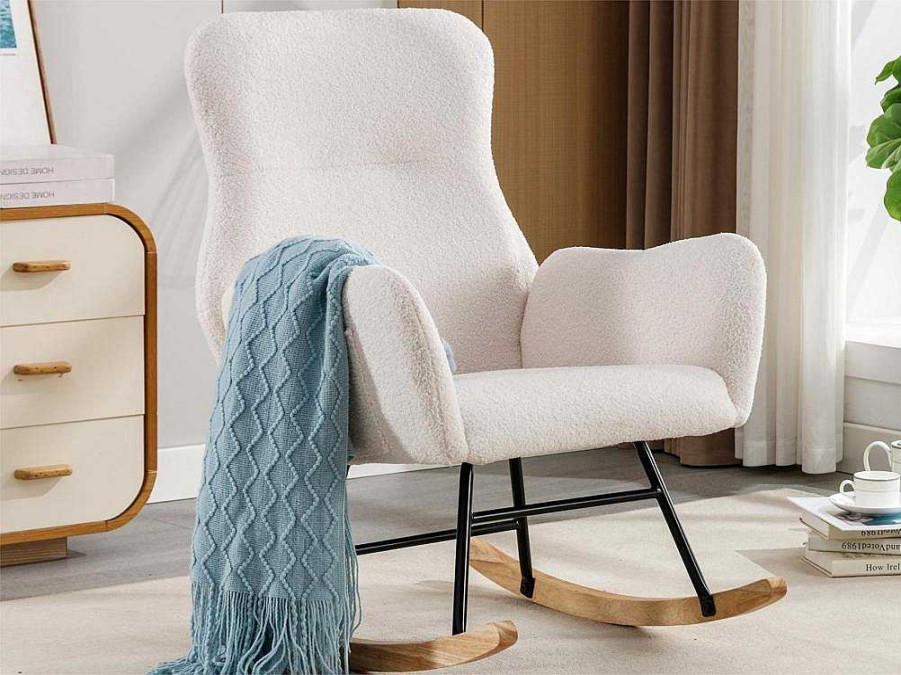 ModernLuxe Fauteuil Stof | Schommelstoel - Relaxstoel Voor In De Woonkamer - Opgevuld Met Teddypluche - Vakjes Aan De Zijkant Van De Armleuningen - Houten Onderstel - Wit