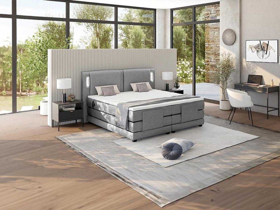 Palacio Elektrisch Relaxatiebed | Set Boxspring + Hoofdbord Met Ledlampjes + Elektrische Relaxbedbodems + Matras + Topmatras - 2 X 80 X 200 Cm - Grijze Stof - Astemi Van Palacio