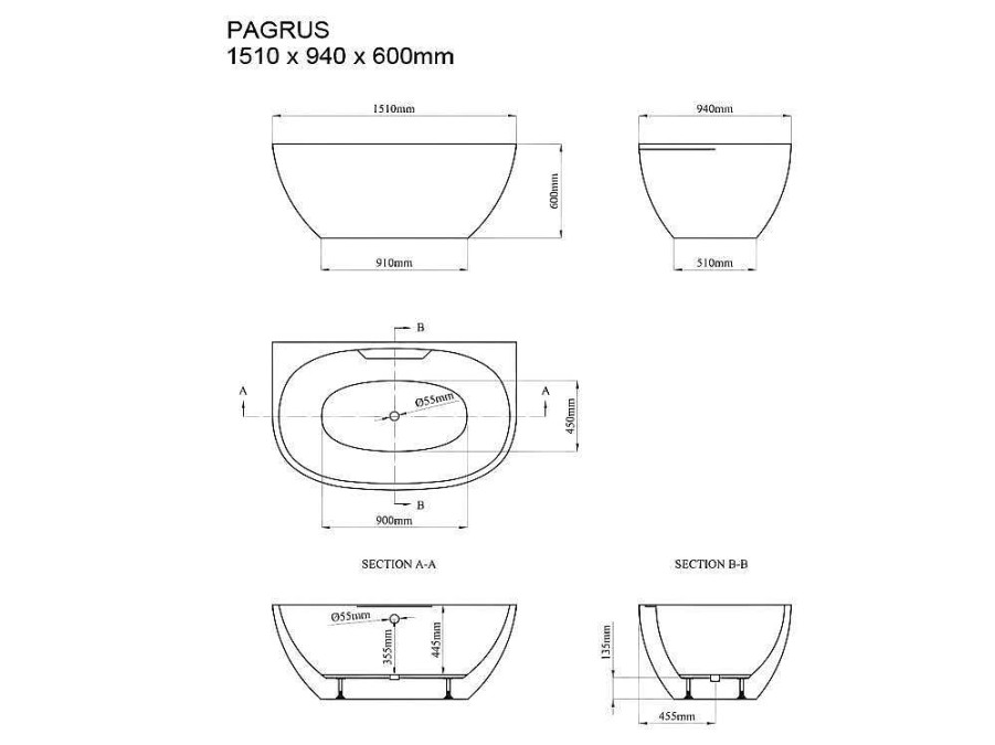 Shower & Design Halfvrijstaand Bad | Halfvrijstaand Ovaal Bad - 197 Liter - 151 X 94 X 60 Cm - Wit - Acryl - Pagrus