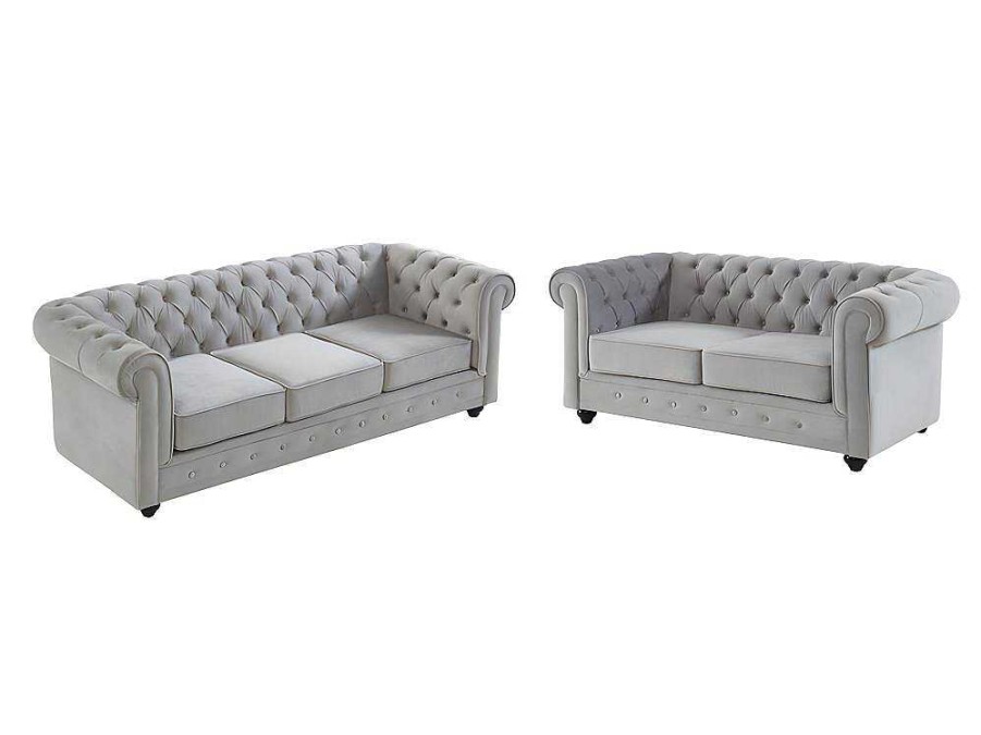 Vente-unique Bankstel 3+2 | Bankstel Chesterfield - Fluweel - Lichtgrijs