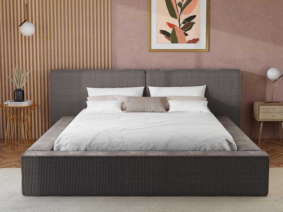 PASCAL MORABITO Fluwelen Bed | Bed Met Opbergruimte 180 X 200 Cm - Ribfluweel - Taupe + Matras - Timano