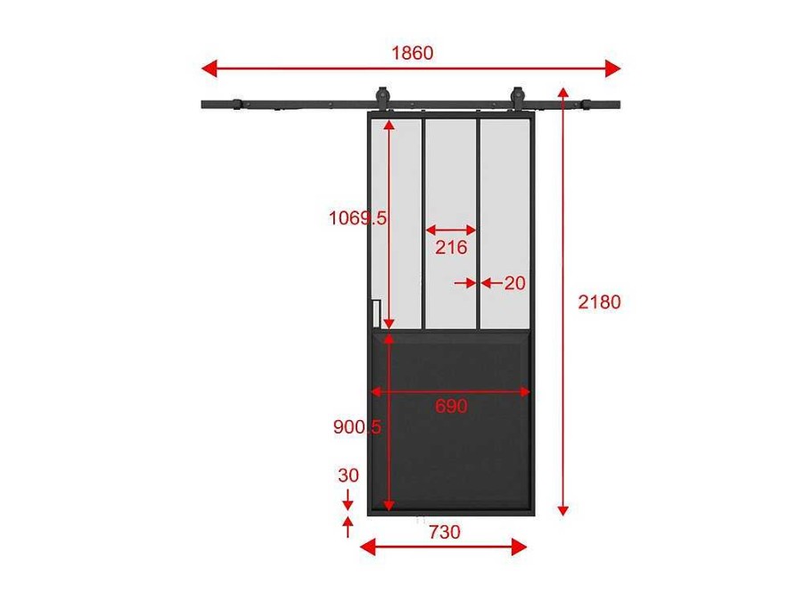 Vente-unique Schuifdeur | Schuifdeur Werkplaatsstijl Met Rails - Zwart En Mat Gehard Glas - H205 Cm X L73 Cm - Artisto Ii