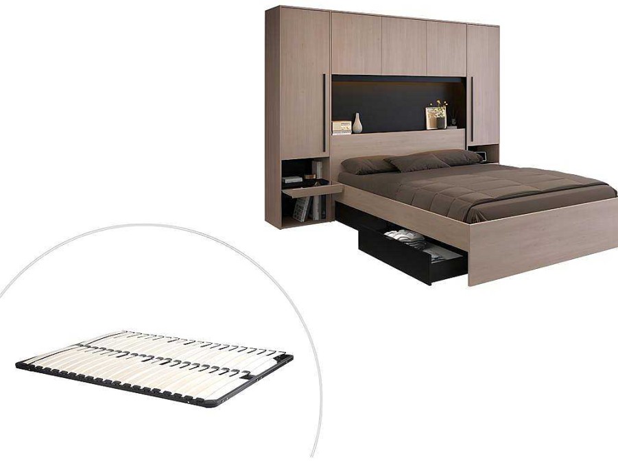 Vente-unique Tweepersoonsbed | Bed Met Opbergruimte 160 X 200 Cm - Met Ledverlichting - Kleur: Naturel En Zwart + Bedbodem - Velona