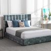 Vente-unique Fluwelen Bed | Bed 140 X 190 Cm Met Hoofdbord Met Verticale Stiksels - Velours - Groenblauw + Matras - Feroya