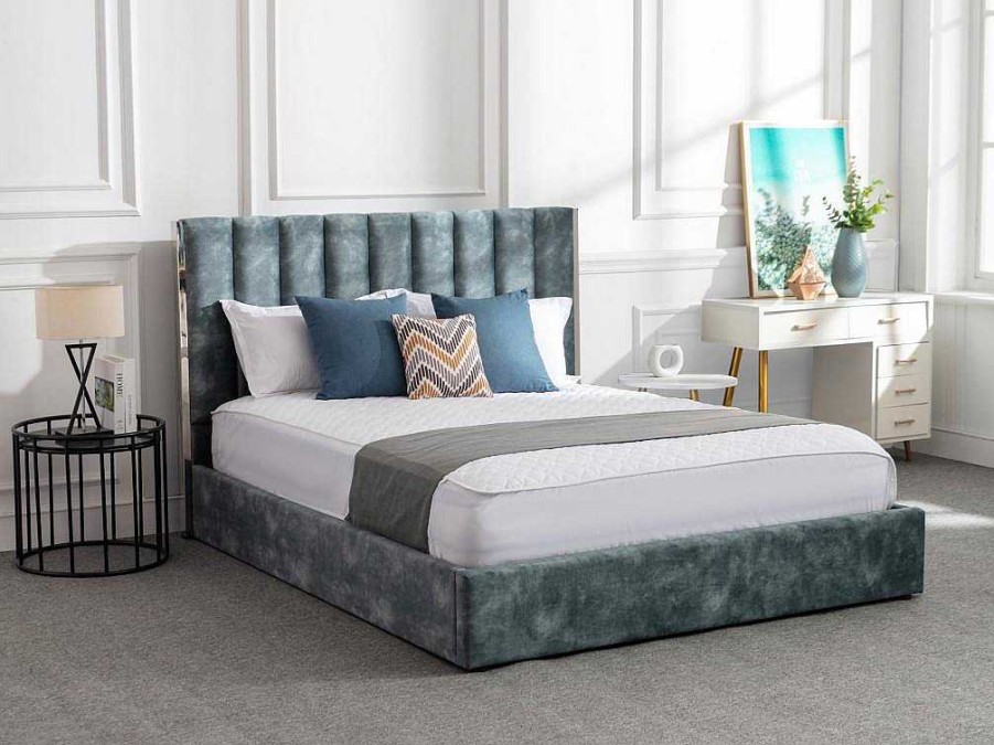 Vente-unique Fluwelen Bed | Bed 140 X 190 Cm Met Hoofdbord Met Verticale Stiksels - Velours - Groenblauw + Matras - Feroya