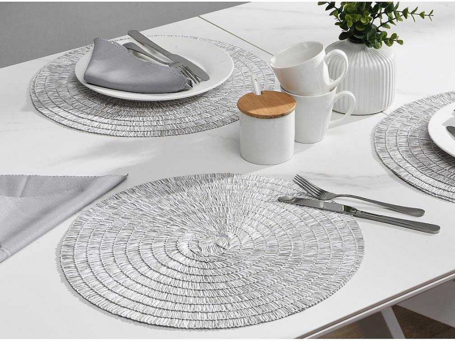 OZAIA Textiel Voor Eettafel | Set Van 6 Ronde Placemats Van Gevlochten Papier - Grijs En Wit - Fylat