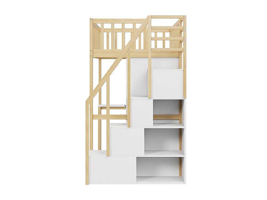 Vente-unique Kinderbed Hoogslaper | Hoogslaper 90 X 200 Cm Met Grote Kledingkast, Bureau, Boekenkast, Trap En Lades, Alles-In-Een, Mdf Hout, Wit + Eiken