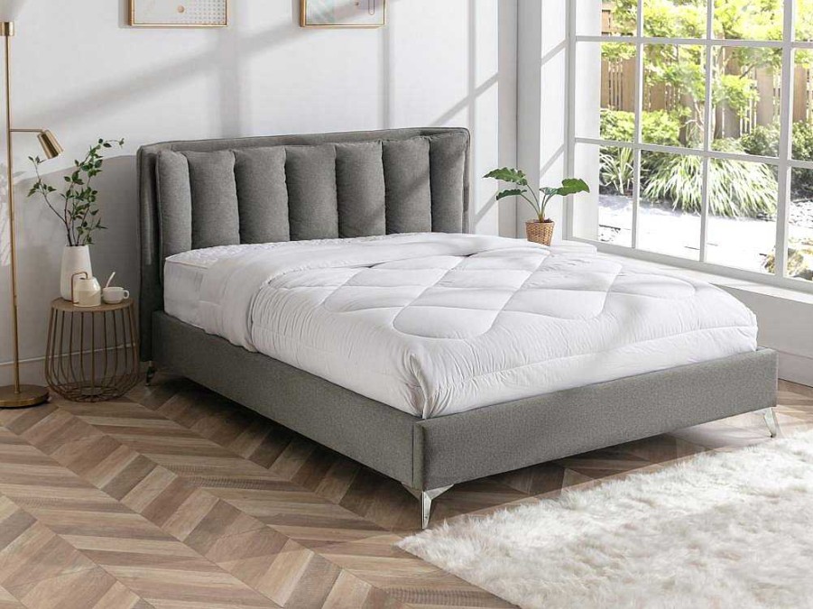 Vente-unique Tweepersoonsbed | Bed 160 X 200 Cm Met Gewatteerd Hoofdbord - Stof - Grijs - Funiti