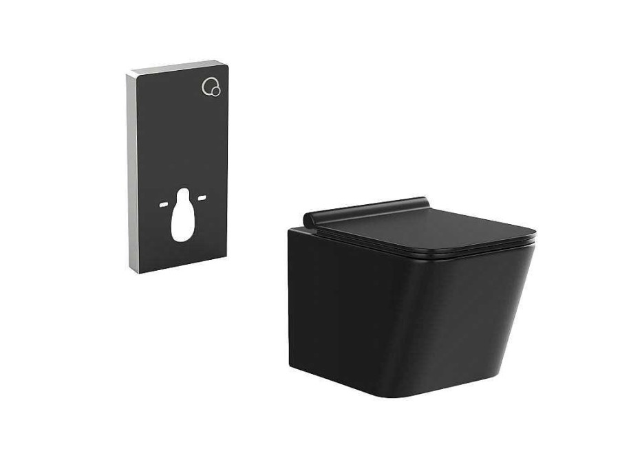 Vente-unique Hangend Toilet | Hangtoilet Pakket In Mat Zwart Met Decoratieve Inbouwreservoir - Clemona