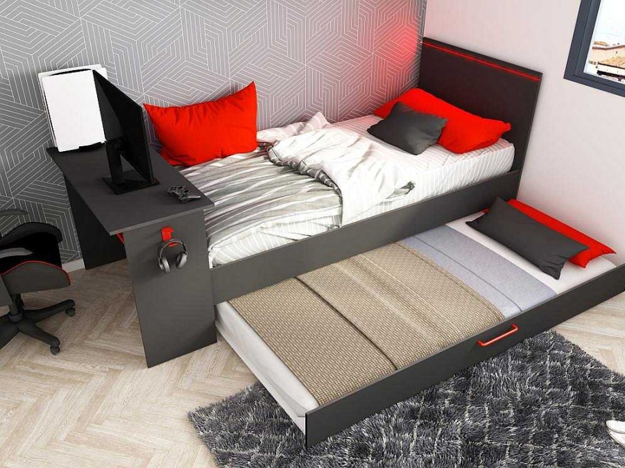 Vente-unique Bed Met Slaaplade | Uitschuifbed 2 X 90 X 200 Cm - Met Bureau - Ledverlichting - Antraciet En Rood - Vouani