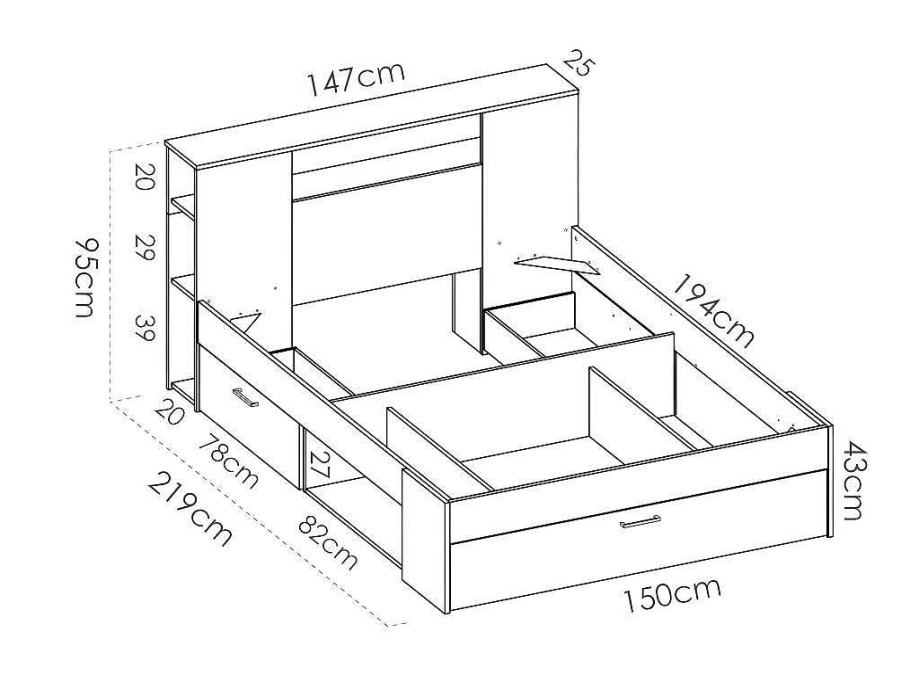 Vente-unique Tweepersoonsbed | Bed Met Hoofdeinde Met Opbergruimte En Lades - 140 X 190 Cm - Kleur: Wit + Bedbodem + Matras - Leandre