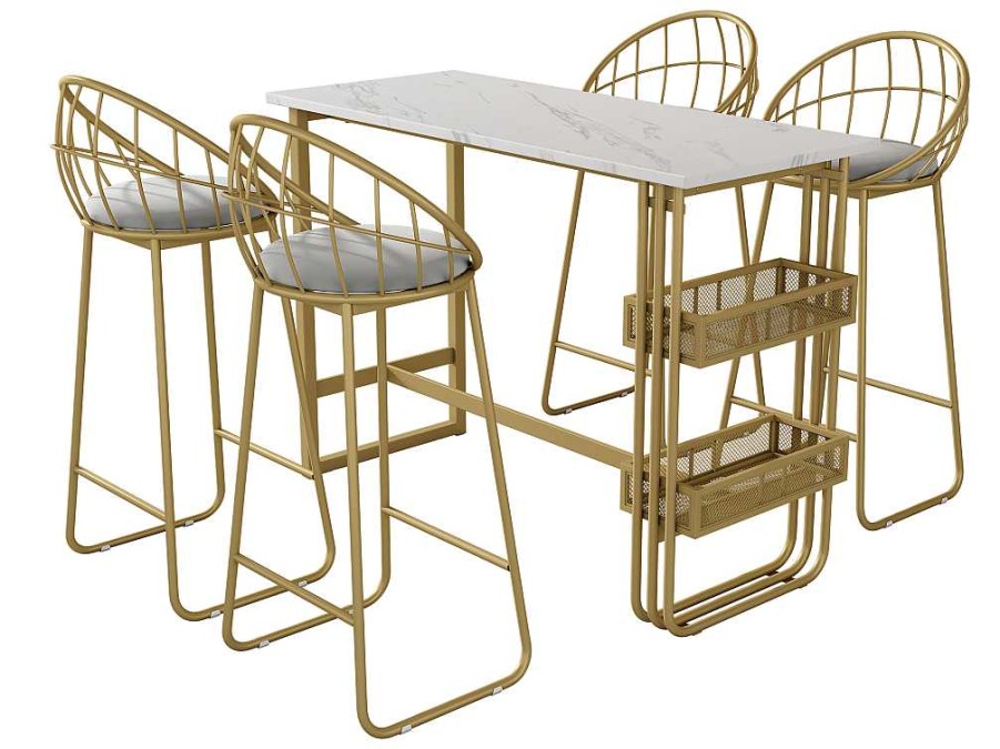 ModernLuxe Keukenmeubel | Set "Eat Standing": Bartafel En 4 Krukken - Metalen Structuur - Goud