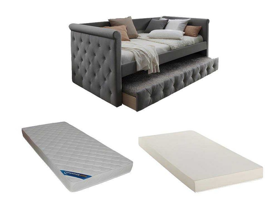 Vente-unique Bed Met Slaaplade | Bed Met Slaaplade Louise - 2 X 90 X 190 Cm - Grijze Stof + Matras