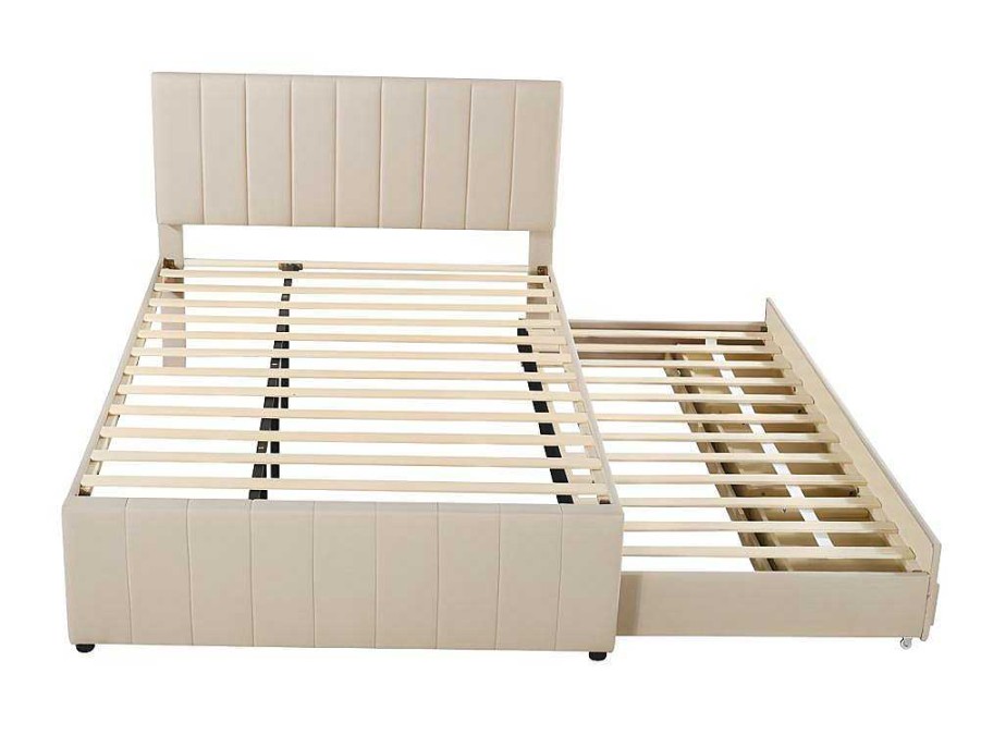 ModernLuxe Kinderbed | Gestoffeerd Linnen Bed 140X200Cm - Met Onderschuifbed Op Wielen En 3 Lades - Beige