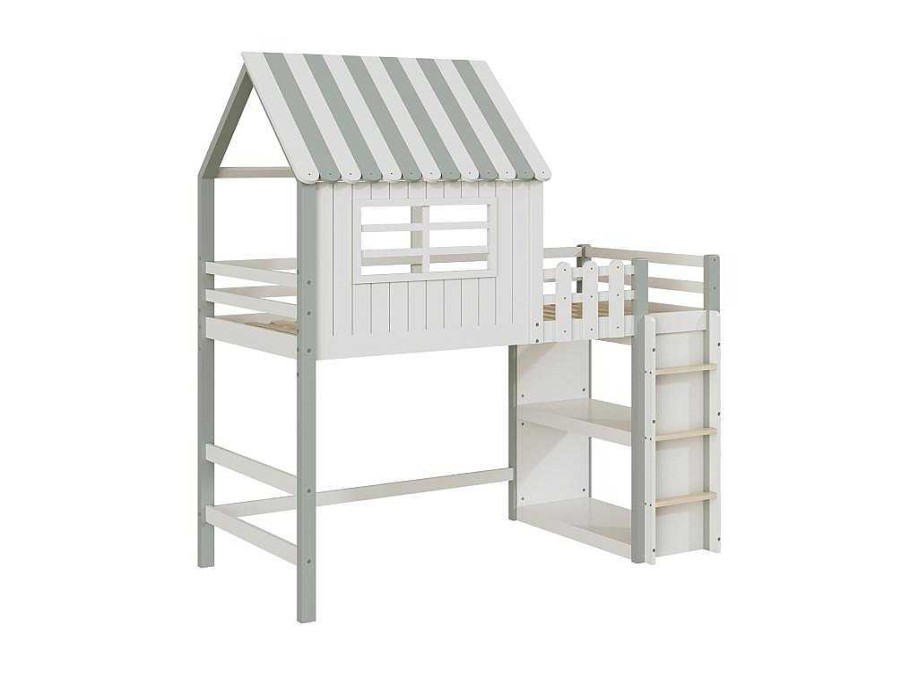 Vente-unique Kinderbed Hoogslaper | Hoogslaper 90 X 200 Cm - Cabinebed Met Ladder - Opbergplank - Massief Hout - Groen