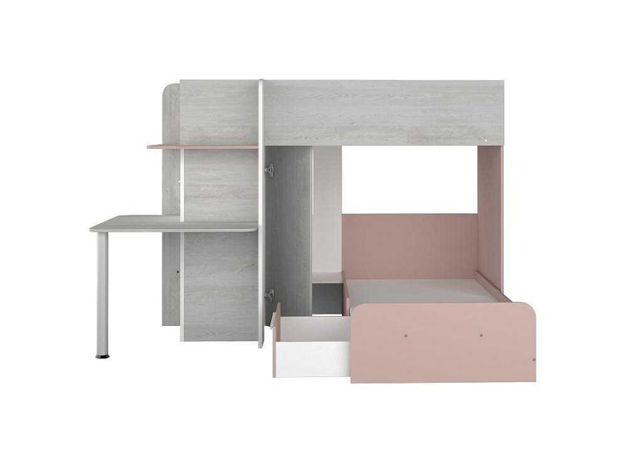 Vente-unique Kinderbed Stapelbed | Hoekstapelbed 2 X 90 X 190 Cm - Met Bureau - Grijs, Wit En Roze + Matras - Samuel