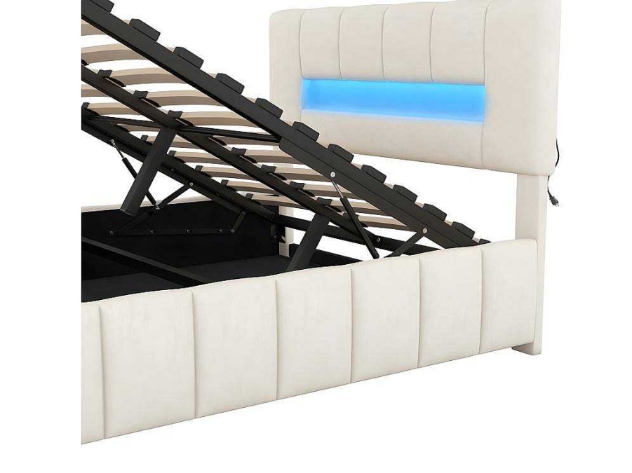 ModernLuxe Fluwelen Bed | Fluwelen Opbergbed Met Led En Lattenbodem - 140X200Cm - Beige