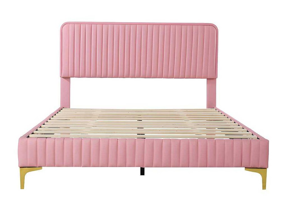 ModernLuxe Tweepersoonsbed | Tweepersoonsbed Gestoffeerd In Kunstleer 140X200Cm - In Hoogte Verstelbaar Hoofdbord - Met Lattenbodem - Roze (Zonder Matras)