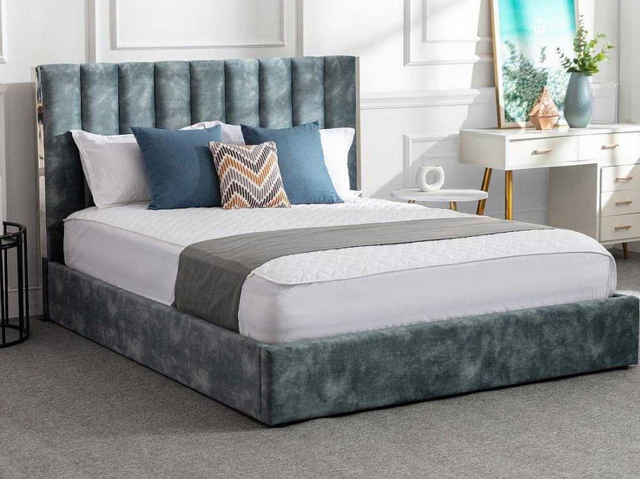 Vente-unique Fluwelen Bed | Bed 140 X 190 Cm Met Hoofdbord Met Verticale Stiksels - Velours - Groenblauw - Feroya