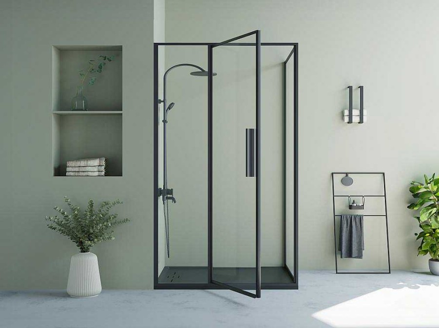 Shower & Design Douchewand | Douchewand Met Draaideur, Mat Zwart, Industriele Stijl - 120 X 80 X 195 Cm - Toroni