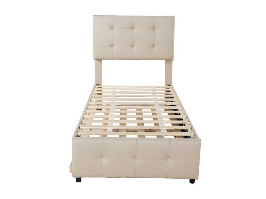 ModernLuxe Kinderbed | Getuft Onderschuifbed 90X200Cm - Verstelbaar Hoofdeinde - Linnen Stof - Beige