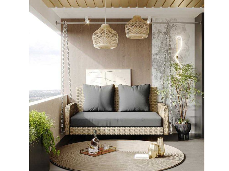 ModernLuxe Hangstoel | Hangstoel In Geweven Hars - Tuinschommel - 2 Plaatsen - Met Kussens - Beige & Grijs