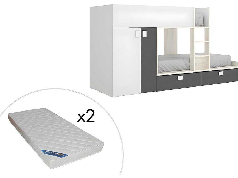 Vente-unique Kinderbed Stapelbed | Stapelbed Met Ingebouwde Kast 2 X 90 X 190 Cm - Wit, Eiken En Antraciet + Matras - Juanito