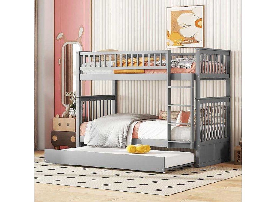 Vente-unique Kinderbed | Stapelbedden 2 X 90 X 200 Cm + Onderschuifbed 90 X 190 Cm - Mdf Hout - Grijs - Anthony