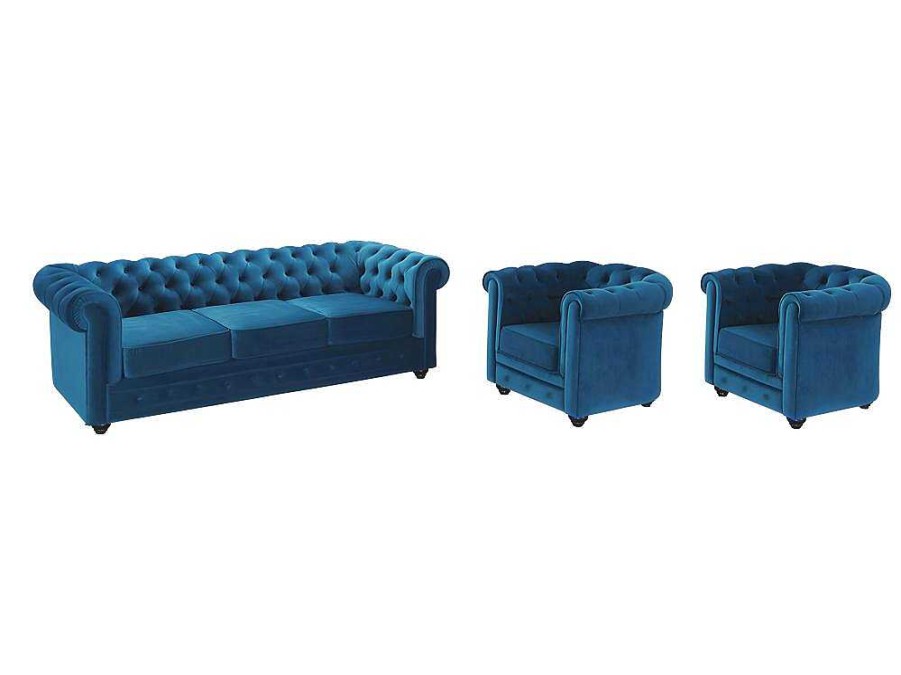 Vente-unique Set Zitbank + Fauteuil | Driezitsbank En 2 Fauteuils Chesterfield - Fluweel - Eend Blauw