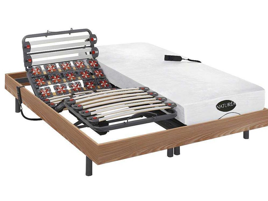 NATUREA Elektrisch Relaxatiebed | Verstelbaar Relaxbed Met Contactplaatjes En Latten En Matras Met Vormgeheugen En Bamboe Damysos Van Naturea - Motors Okin - 2X80X200 Cm - Eiken