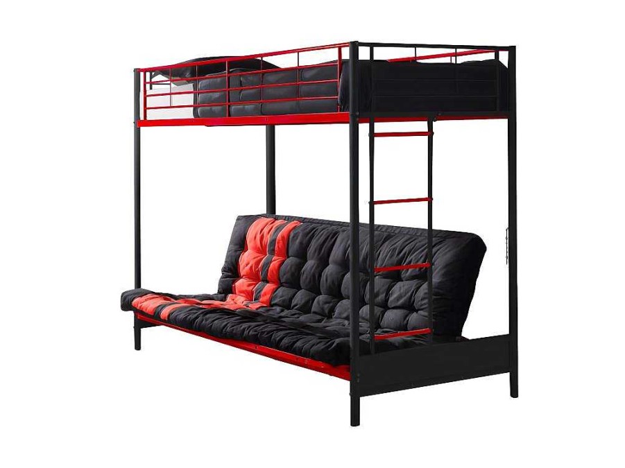 Vente-unique Aanbiedingen: Slaapkamer & Kantoor | Hoogslaper 90 X 190 Cm - Met Slaapbank - Metaal - Zwart En Rood + Futon - Modulo V