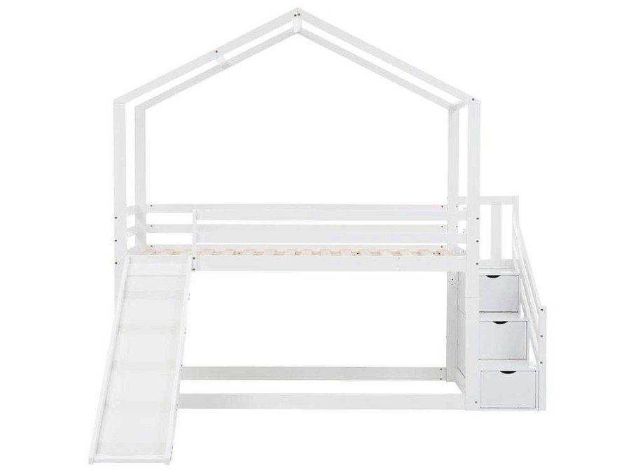 ModernLuxe Kinderbed Stapelbed | Massief Grenen Stapelbed 90X200Cm - Met Opbergtrap En Glijbaan - Wit