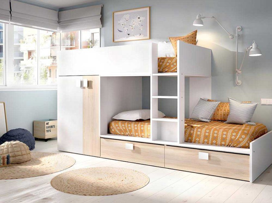 Vente-unique Kinderbed | Stapelbed - Ingebouwde Kast - 2X90X190Cm - Wit En Eiken + Matras - Juanito