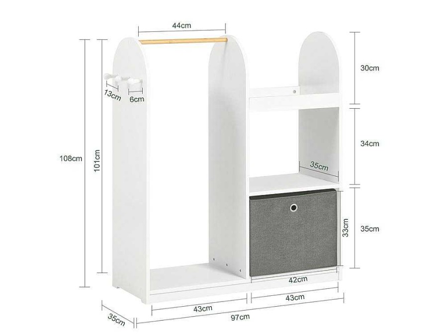 Sobuy Kleine Opberger En Slaapkameraccessoire | Sobuy Kmb40-W Kinderkledingkast, Kinderslaapkamer Kledingrek, Kinderkledingrek, Kledingroedes, Kapstok, Kledingkasten Met 3 Planken, 1 Mand En 3 Haken