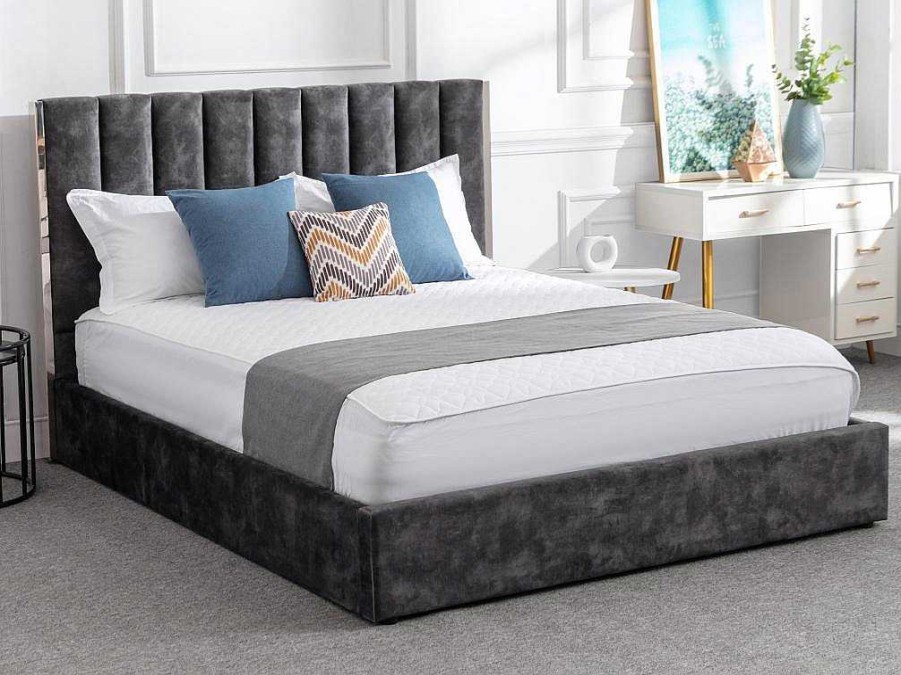 Vente-unique Fluwelen Bed | Bed 160 X 200 Cm Met Hoofdbord Met Verticale Stiksels - Velours - Antraciet - Feroya