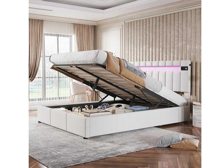 ModernLuxe Fluwelen Bed | Gestoffeerd Opbergbed 140X200Cm - Stof Fluweel - Met Led En Bluetooth Speler - Beige